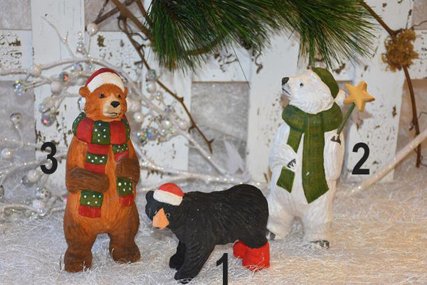 Geschnitzte Bären mit Weihnachtsmütze, 3 Variationen