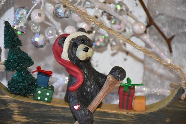 Bär mit Weihnachtsmütze, Tannenbaum im Kanu