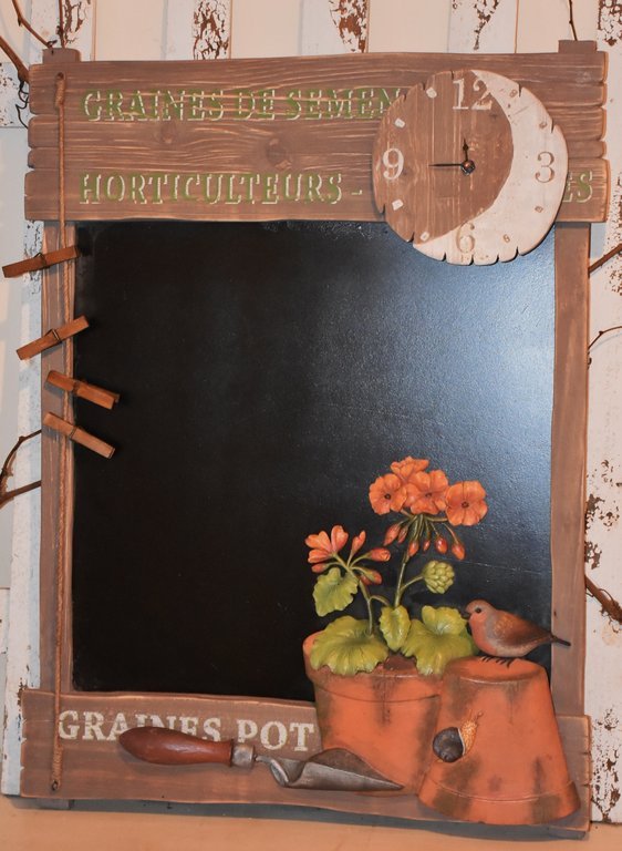 Country Corner Holzbild / Tafel mit Uhr und Blumentöpfen