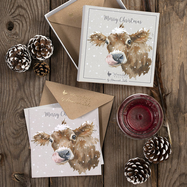 Wrendale Luxus Weihnachtskartenset mit Kuh im Schnee
