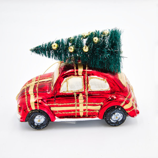 Goodwill rotes Auto mit Weihnachtsbaum aus Glass, 11,5 cm