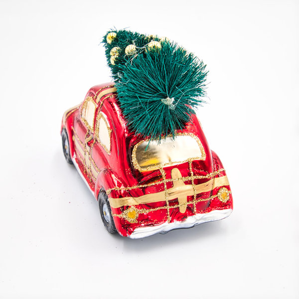 Goodwill rotes Auto mit Weihnachtsbaum aus Glass, 11,5 cm