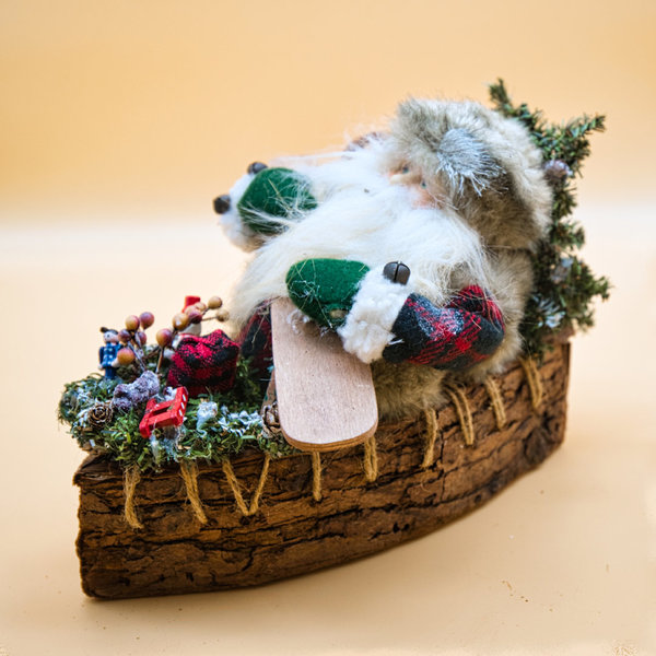 Rustikaler Weihnachtsmann im Boot mit Geschenken