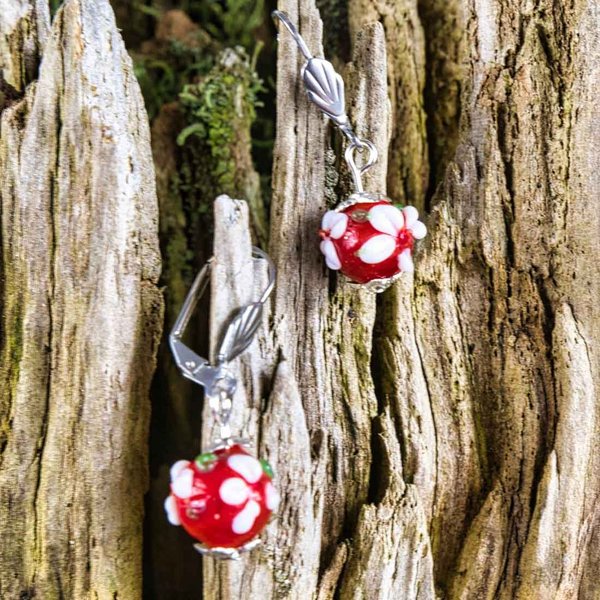 DriftwoodRose - Ohrringe red Flowerball mit Lampwork Perle