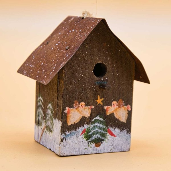 Anhänger bemaltes Mini Vogelhaus aus Holz mit rostigem Dach