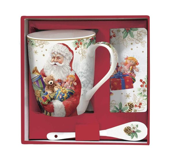 Easy Life Tasse, Untersetzer und Löffel mit nostalgischem Weihnachtsmann "Santa is coming"