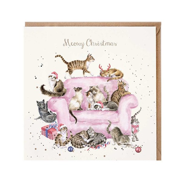 Wrendale Weihnachtskarte "Meowy Christmas", Katzen mit rosa Sofa