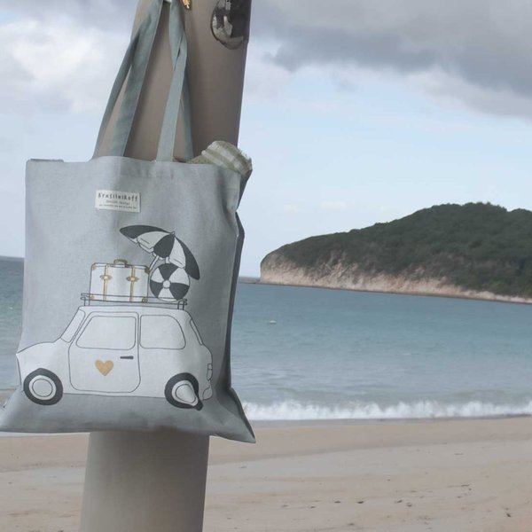 Krasilnikoff Shopping Bag "Urlaubsauto" aus Baumwolle, grau