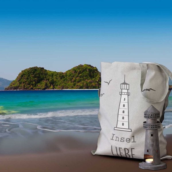 Krasilnikoff Shopping Bag Leuchtturm "Insel Liebe" aus Baumwolle, grau