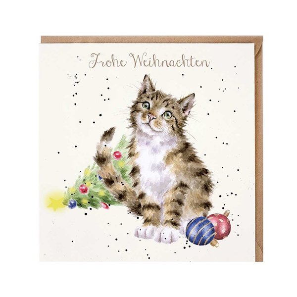 Wrendale Weihnachtskarte "Cat astrophe", Katze ruiniert Weihnachtsbaum
