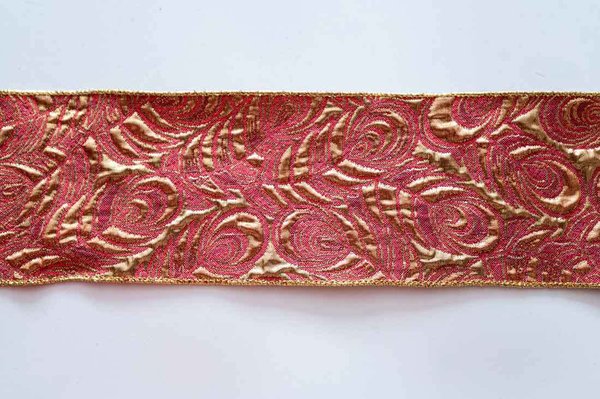 Opulentes Jacquardband Pfauenfeder rot-gold, 10 cm breit