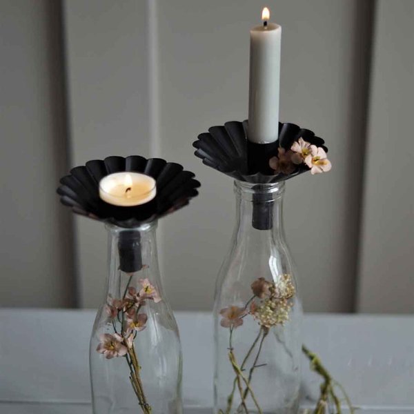 Krasilnikoff 2er Set Kerzenhalter Blüte in schwarz für Flaschen