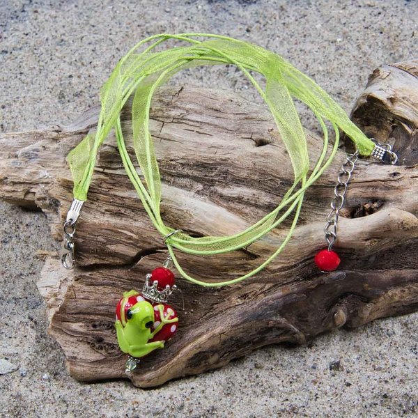 DriftwoodRose - Halskette Frosch mit Herz und Krone - Lampwork Perlen