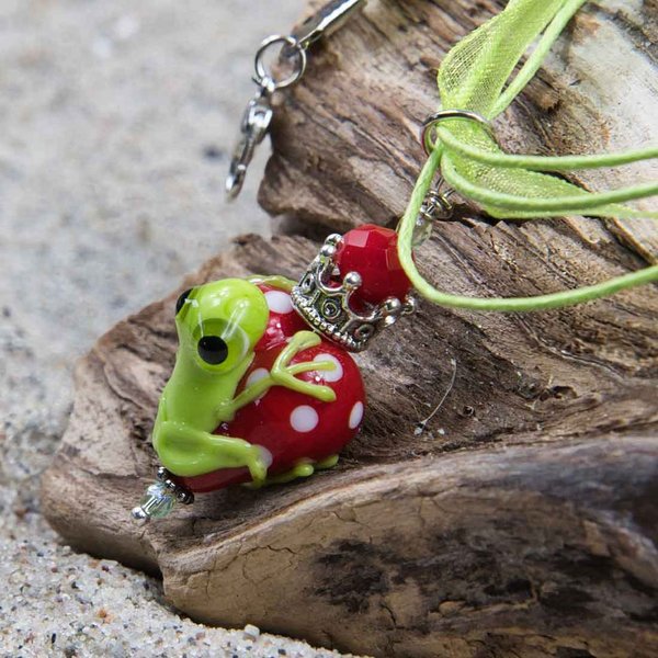 DriftwoodRose - Halskette Frosch mit Herz und Krone - Lampwork Perlen