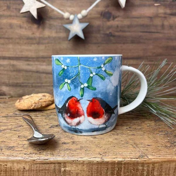 Alex Clark Weihnachten Tasse "Robins & Mistletoe" - Rotkehlchen + Mistelzweig